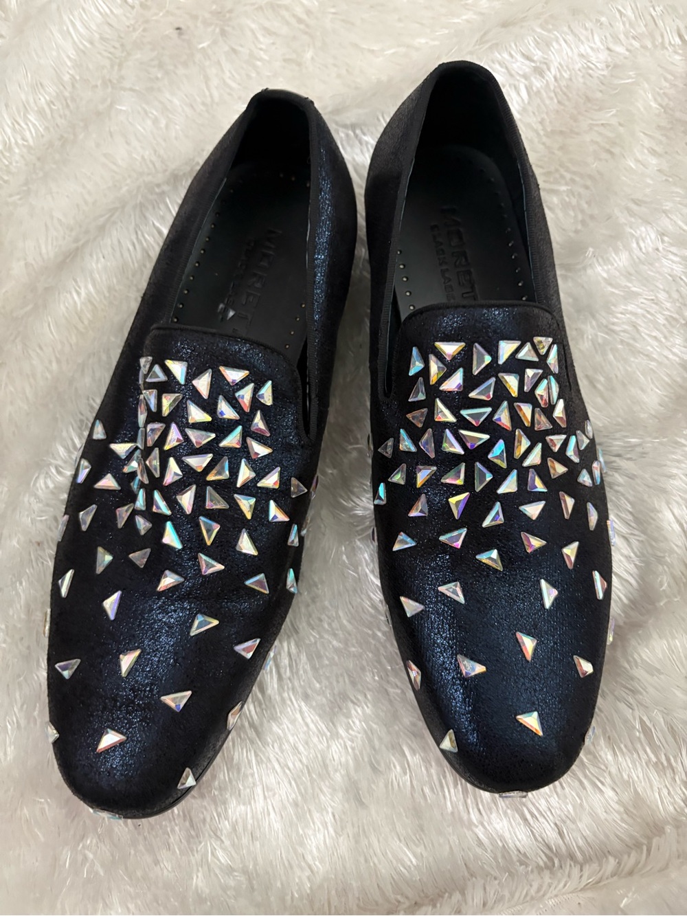 Moretti Black Label loafers featuring black studded iridescent accents size 9.5